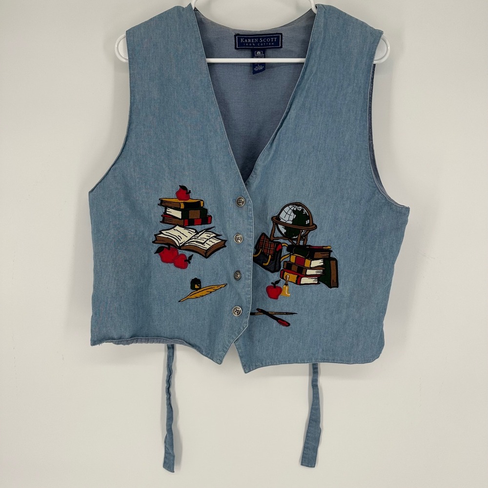 Vintage Karen Scott Womens Blue Cotton Embroidered School Book Globe Vest Large